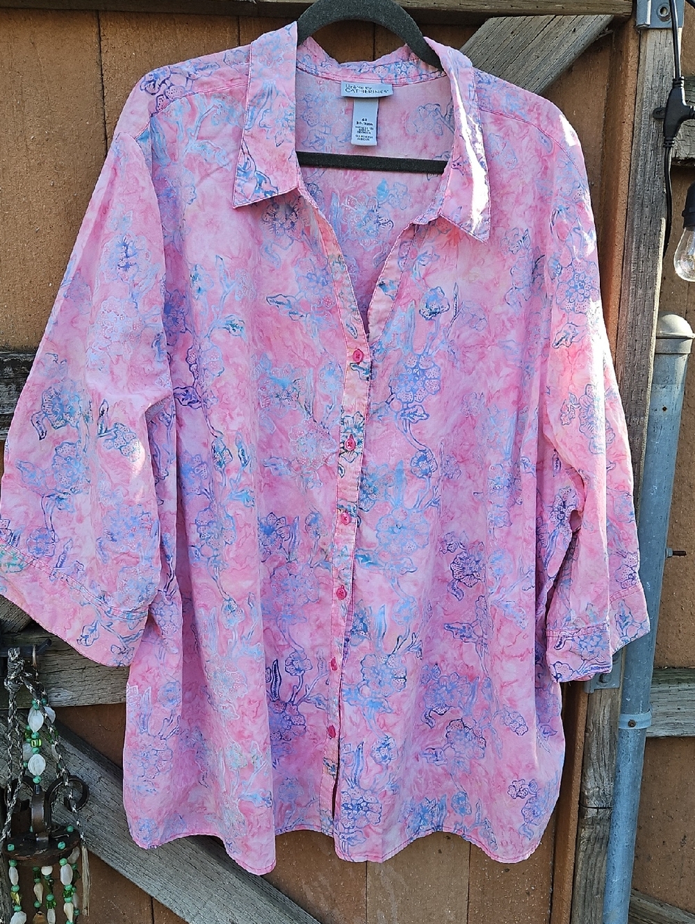 Plus Size Pink Floral Catherines Button-Front 100% Cotton Shirt